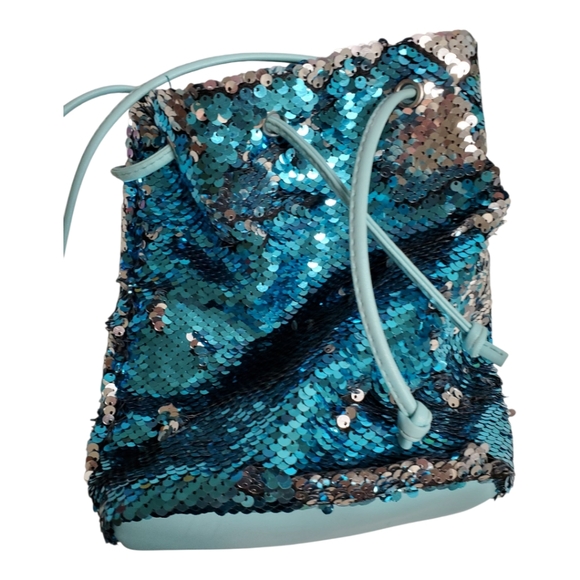 978- Zac And Zoe Sequin Drawstring Bag in Blue and Silver Sequins Good Interior - Picture 1 of 6